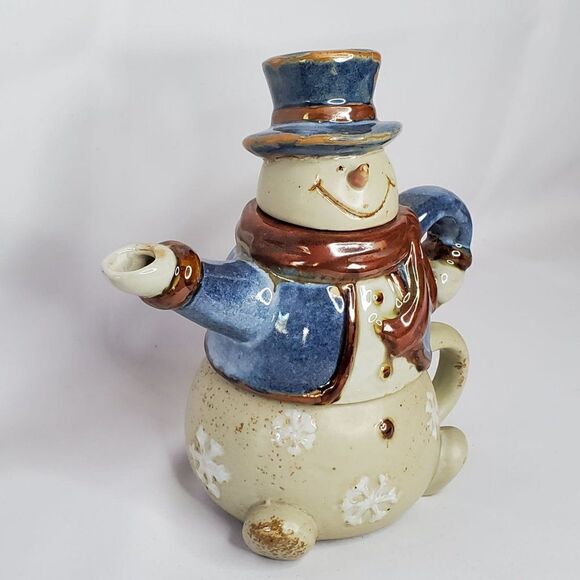 Stoneware Snowman Teapot Male Top Hat Blue Brown Snowflakes Christmas Winter - Picture 2 of 6